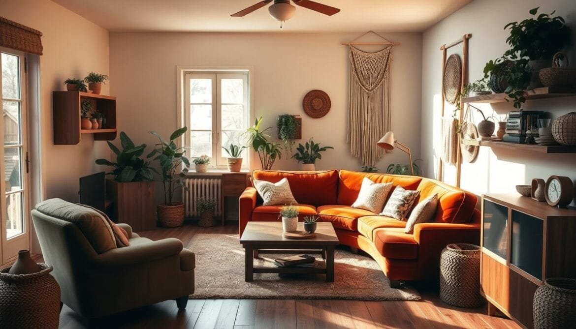 A cozy 1970s living room bathed in warm, natural lighting. The space is filled with earthy tones and organic textures, reflecting the decade's emphasis on nature and comfort. A plush, curved sofa in burnt orange velvet anchors the scene, accompanied by a tufted armchair in muted olive green. Wooden accents, such as a low-slung coffee table and floating shelves, add a rustic, handcrafted feel. Macrame wall hangings, potted plants, and woven baskets create a serene, bohemian ambiance. The overall composition evokes a sense of nostalgia and tranquility, capturing the essence of 1970s interior design trends. Ein gemütliches Wohnzimmer aus den 1970er Jahren, das in warmes, natürliches Licht getaucht ist. Der Raum ist mit Erdtönen und organischen Texturen gefüllt, die die Betonung von Natur und Komfort in diesem Jahrzehnt widerspiegeln. Ein plüschiges, geschwungenes Sofa aus verbranntem orangefarbenem Samt bildet den Mittelpunkt des Raumes, begleitet von einem getufteten Sessel in gedämpftem Olivgrün. Hölzerne Akzente, wie ein niedriger Couchtisch und schwebende Regale, verleihen dem Raum einen rustikalen, handwerklichen Charakter. Wandbehänge aus Makramee, Topfpflanzen und geflochtene Körbe schaffen ein heiteres, böhmisches Ambiente. Die Gesamtkomposition ruft ein Gefühl von Nostalgie und Ruhe hervor und fängt die Essenz der Einrichtungstrends der 1970er Jahre ein.