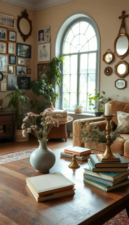 A cozy and inviting living room in a retro-vintage style, with a warm, earthy color palette. In the foreground, a mid-century modern coffee table is adorned with a mix of vintage-inspired accents, such as a ceramic vase filled with wildflowers, a brass candle holder, and a stack of well-worn books. On the walls, a collage of framed photographs, hand-drawn illustrations, and antique mirrors create a personalized gallery display. The room is illuminated by a soft, ambient light, diffused through a large, arched window that overlooks a lush, overgrown garden. The overall atmosphere evokes a sense of nostalgia and cozy, lived-in comfort. Ein gemütliches und einladendes Wohnzimmer im Retro-Vintage-Stil, mit einer warmen, erdigen Farbpalette. Im Vordergrund steht ein moderner Couchtisch aus der Mitte des Jahrhunderts, der mit einer Mischung aus Vintage-Akzenten wie einer mit Wildblumen gefüllten Keramikvase, einem Kerzenhalter aus Messing und einem Stapel abgenutzter Bücher geschmückt ist. An den Wänden bildet eine Collage aus gerahmten Fotos, handgezeichneten Illustrationen und antiken Spiegeln eine persönliche Galerie. Der Raum wird von einem sanften Umgebungslicht erhellt, das durch ein großes Bogenfenster mit Blick auf einen üppigen, überwucherten Garten fällt. Die Gesamtatmosphäre weckt ein Gefühl von Nostalgie und gemütlichem Wohnkomfort.
