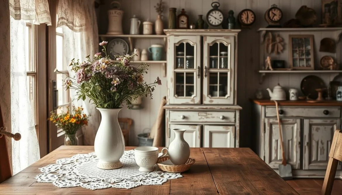 Eine gemütliche und einladende Küche im Shabby-Chic-Stil, gefüllt mit charmanten dekorativen Elementen. Im Vordergrund steht ein rustikaler Holztisch, der mit zarter Spitze, Porzellanfiguren und einer Vintage-Vase mit duftenden Wildblumen geschmückt ist. Weiches, natürliches Licht fällt durch Spitzenvorhänge und wirft einen warmen Schein auf verwitterte Holzregale mit antikem Geschirr und Einmachgläsern. Im Hintergrund präsentiert ein verfallener Schrank im Landhausstil eine eklektische Sammlung von Schmuckstücken, altmodischen Uhren und verblichenen Vintage-Fotos. Die Gesamtatmosphäre ist von Wärme, Nostalgie und einem Hauch von Laune geprägt und fängt die Essenz des Shabby Chic perfekt ein.