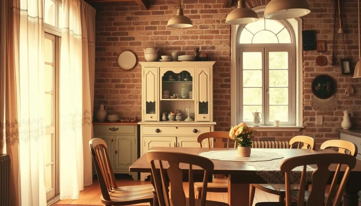 Eine gemütliche und einladende Küche im Shabby-Chic-Stil, die in warmes, natürliches Licht getaucht ist, das durch Spitzenvorhänge fällt. Im Vordergrund steht ein rustikaler Holztisch mit unpassenden Vintage-Stühlen, die mit einer Spitzentischdecke und einem einfachen Blumenarrangement geschmückt sind. Im Mittelgrund zeigt ein abgenutzter, pastellfarbener Schrank eklektischen Schnickschnack und eine Sammlung antiken Geschirrs. Im Hintergrund sind freiliegende Backsteinmauern, ein charmanter, abgenutzter Fensterrahmen und minimale Beleuchtungskörper im Industriestil zu sehen, die die gesamte Shabby-Chic-Ästhetik ergänzen. Die Gesamtstimmung ist von behaglicher Heimeligkeit und müheloser Eleganz geprägt.
