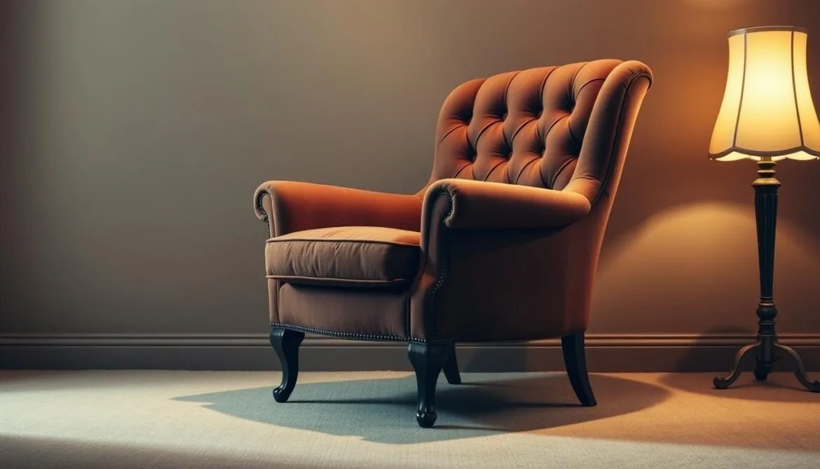 Ein gemütlicher und einladender Vintage-Sessel, bekannt als "Ohrensessel", steht in einem warmen, sanft beleuchteten Raum. Die elegante, geschwungene Silhouette des Sessels und die mit Knöpfen besetzte Polsterung in einer satten, gedeckten Farbpalette vermitteln ein Gefühl von zeitloser Raffinesse. Die kontrastierenden Holzbeine und die verschnörkelten Armlehnen verleihen ihm einen Hauch von klassischem europäischem Charme. Das weiche, diffuse Licht einer nahe gelegenen Lampe spendet einen sanften Schein und schafft eine intime und entspannende Atmosphäre. Der Stuhl steht vor einer gedämpften, strukturierten Wand, die ihn zum Mittelpunkt der Komposition werden lässt. Dieser Vintage-Ohrensessel verkörpert die Essenz von dauerhaftem Stil und Komfort, die das Beste der Retro-Einrichtung ausmacht.