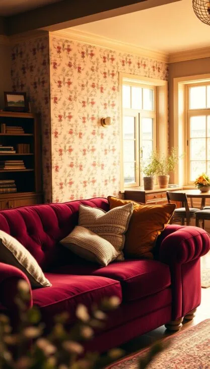 A cozy and inviting vintage-inspired room with warm, earthy tones and natural textures. In the foreground, a rich, velvety burgundy sofa sits invitingly, accented by plush throw pillows in complementary hues. The middle ground features a feature wall with a delicate, floral wallpaper pattern in soft pinks and greens, creating a sense of depth and visual interest. The background showcases a warm, golden lighting filtering through large windows, casting a gentle glow and enhancing the overall atmosphere of comfort and relaxation. The scene is captured with a slightly wide-angle lens, emphasizing the depth and scale of the space, and using a soft, romantic depth of field to draw the viewer's eye to the focal points. A cozy and inviting vintage-inspired room with warm, earthy tones and natural textures. In the foreground, a rich, velvety burgundy sofa sits invitingly, accented by plush throw pillows in complementary hues. The middle ground features a feature wall with a delicate, floral wallpaper pattern in soft pinks and greens, creating a sense of depth and visual interest. The background showcases a warm, golden lighting filtering through large windows, casting a gentle glow and enhancing the overall atmosphere of comfort and relaxation. The scene is captured with a slightly wide-angle lens, emphasizing the depth and scale of the space, and using a soft, romantic depth of field to draw the viewer's eye to the focal points.