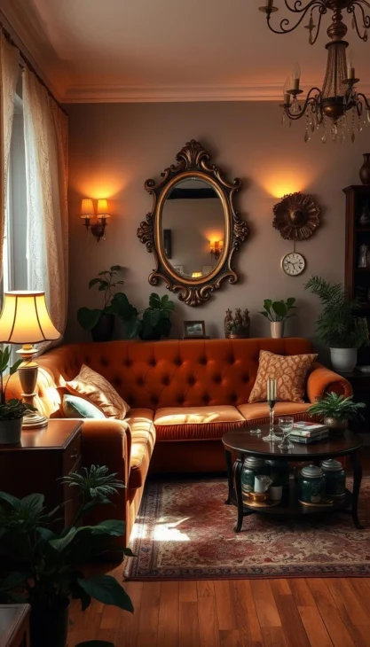 A cozy and inviting vintage living room with a plush, tufted sofa in a rich, earthy tone, paired with matching bespoke wooden side tables. Warm, soft lighting filters through lace curtains, casting a gentle glow over the space. Antique brass lamps and a ornate, gilded mirror adorn the walls, creating a sense of timeless elegance. The hardwood floor is covered by a lush, patterned area rug, adding depth and texture. Potted plants and carefully curated vintage decor pieces complete the intimate, nostalgic atmosphere, transporting the viewer to a cozy, bygone era.