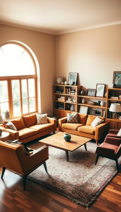 A cozy, inviting living room in a vintage-inspired, retro aesthetic. A prominent mid-century modern sofa in a warm, earthy tone anchors the space, complemented by a pair of armchairs in complementary hues. A sleek, low-profile wooden coffee table sits atop a plush, patterned area rug. Bookshelves and side tables display an eclectic mix of vintage decor, from ceramic vases to framed artworks. Warm, ambient lighting filters through a large, arched window, casting a soft glow across the room. The overall atmosphere evokes a sense of timeless comfort and nostalgia. Ein gemütliches, einladendes Wohnzimmer im Retro-Stil mit Vintage-Inspiration. Ein auffälliges, modernes Sofa aus der Mitte des Jahrhunderts in einem warmen, erdigen Farbton bildet den Mittelpunkt des Raums, ergänzt durch ein Paar Sessel in komplementären Farbtönen. Ein schlanker, flacher Couchtisch aus Holz steht auf einem gemusterten Teppich aus Plüsch. In den Bücherregalen und auf den Beistelltischen steht eine eklektische Mischung aus Vintage-Dekor, von Keramikvasen bis zu gerahmten Kunstwerken. Durch ein großes, gewölbtes Fenster fällt warmes Umgebungslicht, das den Raum in ein sanftes Licht taucht. Die Gesamtatmosphäre vermittelt ein Gefühl von zeitlosem Komfort und Nostalgie.