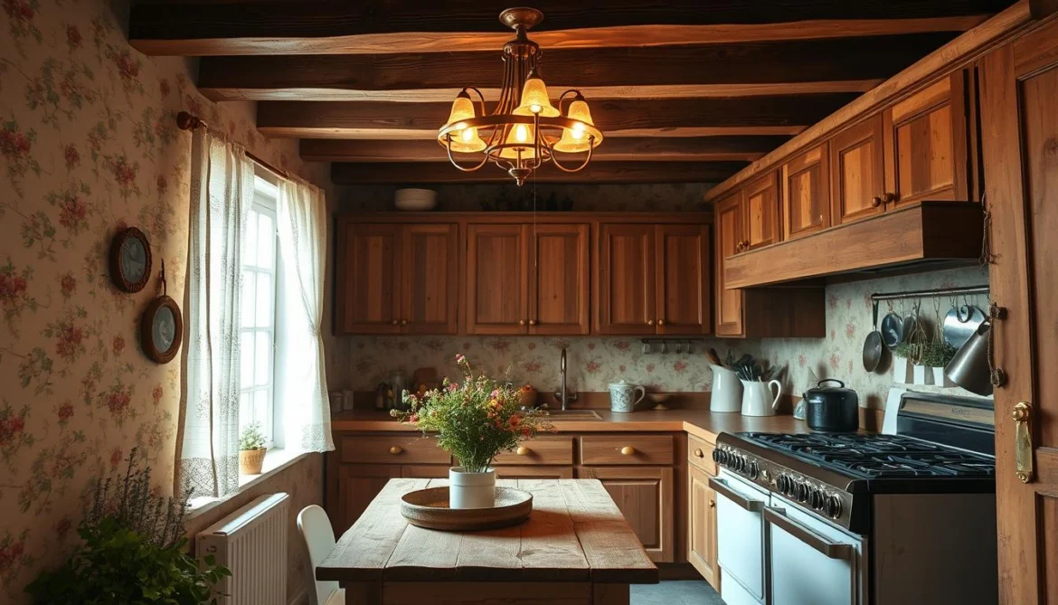 Eine gemütliche Küche im Herzen eines Landhauses, die in weiches, warmes Licht getaucht ist. Die abgenutzten Holzschränke und der abgenutzte Tisch im Landhausstil strahlen eine charmante, lebendige Ästhetik aus. Zarte Blumentapeten schmücken die Wände, ergänzt durch Spitzenvorhänge, die sich durch ein offenes Fenster sanft im Wind wiegen. Antike Messingbeschläge und ein alter Gasherd tragen zur rustikalen Eleganz bei. Die verwitterten Holzbalken über der Decke werfen sanfte Schatten, während ein Vintage-Kronleuchter ein sanftes Licht spendet. Topfkräuter und eine Vase mit Wildblumen akzentuieren die Szene und schaffen eine heitere, heimelige Atmosphäre.