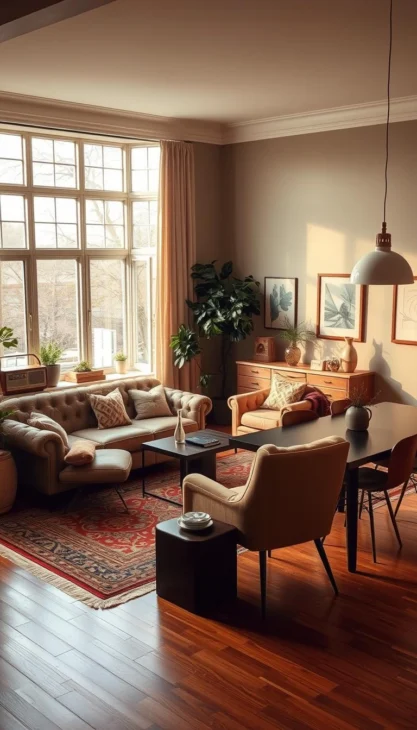 A cozy living room in a charming retro-vintage style, bathed in warm, soft lighting. The layout features distinct zones - a plush seating area with a classic tufted sofa and armchairs, a cozy reading nook by a large window, and a stylish dining table with mid-century modern chairs. Elegant wooden floors, patterned area rugs, and rich textures like velvet and leather create a inviting, lived-in atmosphere. Retro-inspired decor elements, such as a vintage radio, decorative vases, and lush houseplants, add character and charm. Angled camera perspective captures the harmonious blend of function and aesthetics, highlighting the thoughtful, cohesive design. Ein gemütliches Wohnzimmer im charmanten Retro-Vintage-Stil, das in warmes, weiches Licht getaucht ist. Es gibt verschiedene Bereiche: eine gemütliche Sitzecke mit einem klassischen Tuftingsofa und Sesseln, eine gemütliche Leseecke an einem großen Fenster und einen stilvollen Esstisch mit modernen Stühlen aus der Mitte des Jahrhunderts. Elegante Holzböden, gemusterte Teppiche und reiche Texturen wie Samt und Leder schaffen eine einladende, wohnliche Atmosphäre. Retro-inspirierte Dekorationselemente wie ein altes Radio, dekorative Vasen und üppige Zimmerpflanzen verleihen dem Raum Charakter und Charme. Die schräge Kameraperspektive fängt die harmonische Mischung aus Funktion und Ästhetik ein und unterstreicht das durchdachte, stimmige Design.