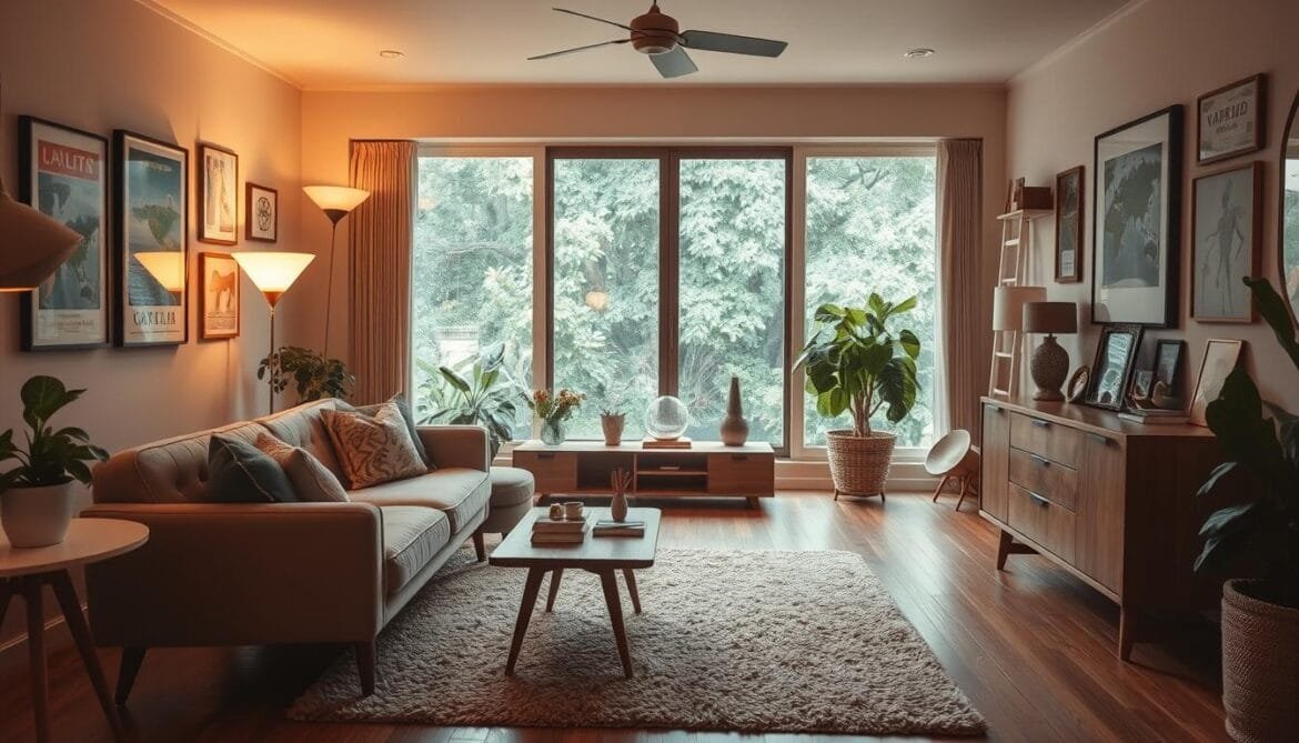 A cozy mid-century modern living room filled with retro decor and furnishings. The scene is bathed in warm, soft lighting, creating a welcoming and nostalgic atmosphere. In the foreground, there is a plush tufted sofa in a muted palette, complemented by a vintage coffee table with tapered legs. Hanging on the walls are framed travel posters and abstract art pieces, hinting at the homeowner's passion for exploration and design. The middle ground features a shag rug and a wooden credenza displaying decorative artifacts from around the world. The background showcases large windows overlooking a lush garden, blurring the line between indoor and outdoor spaces. This image captures the harmonious blend of retro charm and worldly influences that defined the evolution of home decor over the decades. Ein gemütliches, modernes Wohnzimmer aus der Mitte des Jahrhunderts, gefüllt mit Retro-Dekor und -Möbeln. Die Szene ist in warmes, weiches Licht getaucht, das eine einladende und nostalgische Atmosphäre schafft. Im Vordergrund steht ein plüschiges, getuftetes Sofa in gedeckten Farben, das von einem Vintage-Couchtisch mit spitz zulaufenden Beinen ergänzt wird. An den Wänden hängen gerahmte Reiseposter und abstrakte Kunstwerke, die auf die Entdecker- und Designleidenschaft der Hausbesitzerin hinweisen. Der Mittelgrund besteht aus einem Zottelteppich und einer hölzernen Kredenz, auf der dekorative Artefakte aus aller Welt ausgestellt sind. Im Hintergrund sind große Fenster mit Blick auf einen üppigen Garten zu sehen, die die Grenze zwischen Innen- und Außenbereich verwischen. Dieses Bild fängt die harmonische Mischung aus Retro-Charme und weltlichen Einflüssen ein, die die Entwicklung der Wohnkultur im Laufe der Jahrzehnte bestimmt haben.