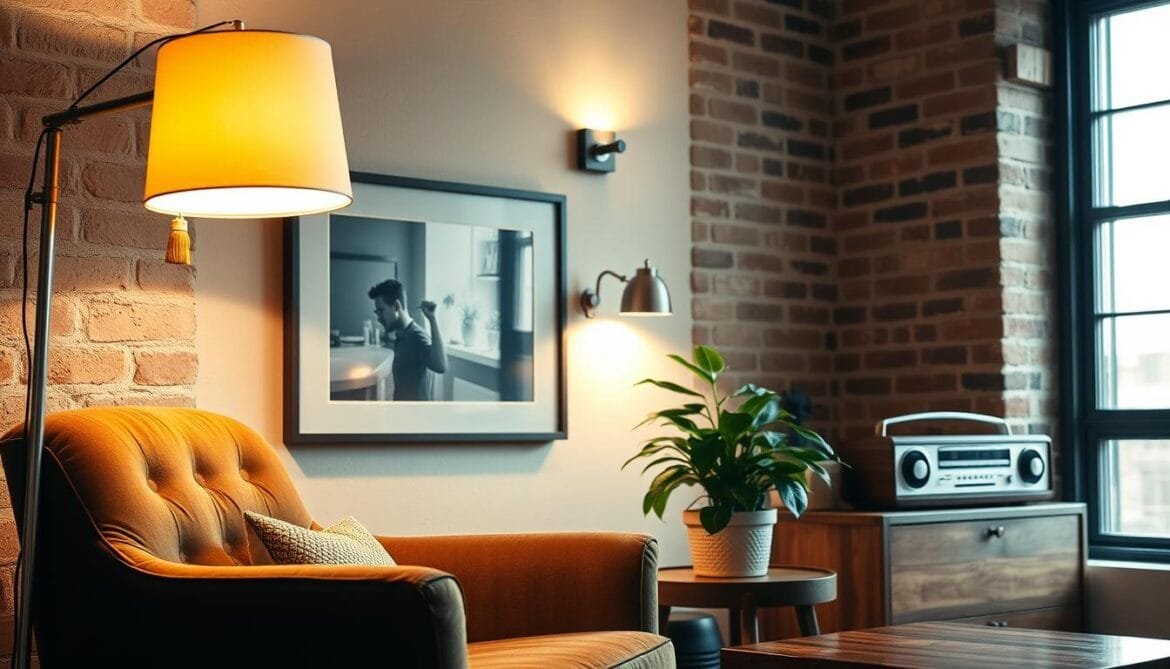 Ein gemütliches, retro-inspiriertes Wohnzimmer mit einer warmen, stimmungsvollen Beleuchtung. Im Vordergrund wirft eine alte Stehlampe einen weichen, goldenen Schein auf einen Plüschsessel und einen hölzernen Beistelltisch mit einer üppigen Topfpflanze. Im Mittelgrund beleuchtet ein Wandleuchter eine gerahmte Schwarz-Weiß-Fotografie, während in der Nähe ein klassisches Tischradio steht, dessen sanfte Knöpfe und Ziffernblätter auf eine vergangene Ära hinweisen. Der Hintergrund besteht aus freiliegenden Ziegelwänden und einem großen Fenster, das gerade genug natürliches Licht hereinlässt, um ein harmonisches Gleichgewicht zwischen modernen und Vintage-Elementen zu schaffen. Die Gesamtstimmung ist von nostalgischem Komfort und raffinierter Ästhetik geprägt.