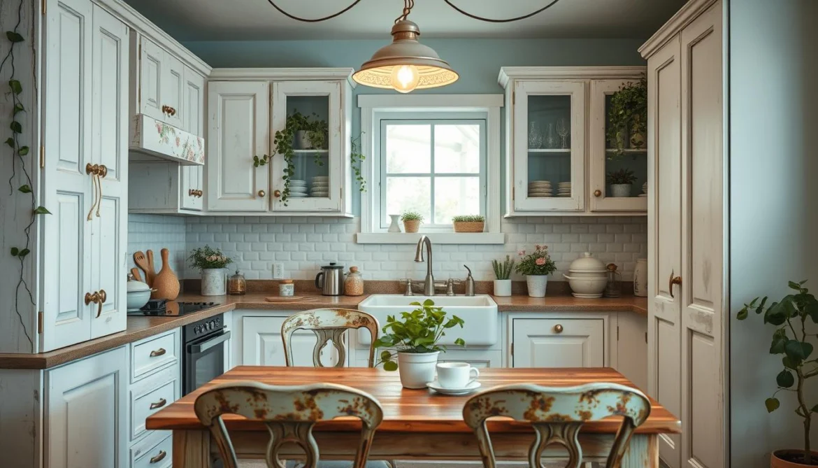 Eine gemütliche Küche im Shabby-Chic, in der der sanfte Schein der Vintage-Pendelleuchten ein warmes Ambiente schafft. Weiß getünchte Holzschränke, abgenutzte Oberflächen und zarte florale Akzente sorgen für eine charmante, lebendige Ästhetik. Messingbeschläge und ein Waschbecken im Landhausstil ergänzen die rustikale Atmosphäre. Im Vordergrund lädt ein Holztisch mit verwitterten Stühlen zum Verweilen bei einer Tasse Kaffee ein. Ranken und grüne Töpfe setzen organische Akzente, während die hellblauen Wände einen beruhigenden Hintergrund bilden. Das Gesamtbild strahlt ein Gefühl von zeitloser Eleganz und entspanntem Komfort aus und fängt die Essenz einer Traumküche im Shabby Chic perfekt ein.