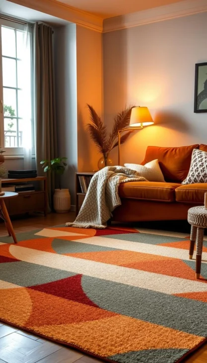 A cozy vintage-inspired living room scene, the focal point a retro-style area rug with a striking geometric pattern. Warm amber lighting casts a soft glow, highlighting the subtle variations in the rug's earthy tones of ochre, terracotta, and sage. The rug's bold angular shapes create visual interest, complementing the room's mid-century inspired furnishings. Plush textures like a velvet armchair and chunky knit throw evoke a sense of comfort and relaxation, perfect for cuddling up on a chilly evening. The overall atmosphere is one of nostalgic charm and inviting coziness, setting the stage for a cozy and stylish living space. Eine gemütliche, vom Vintage-Stil inspirierte Wohnzimmerszene, in deren Mittelpunkt ein Flächenteppich im Retro-Stil mit einem auffälligen geometrischen Muster steht. Warmes bernsteinfarbenes Licht wirft einen sanften Schein, der die subtilen Variationen in den Erdtönen Ocker, Terrakotta und Salbei des Teppichs hervorhebt. Die kühnen, eckigen Formen des Teppichs schaffen visuelles Interesse und ergänzen die von der Jahrhundertmitte inspirierte Einrichtung des Raums. Plüschige Texturen wie ein Sessel aus Samt und eine grob gestrickte Decke vermitteln ein Gefühl von Komfort und Entspannung - perfekt, um sich an einem kühlen Abend einzukuscheln. Die Gesamtatmosphäre ist von nostalgischem Charme und einladender Gemütlichkeit geprägt und bildet die Grundlage für einen gemütlichen und stilvollen Wohnraum.