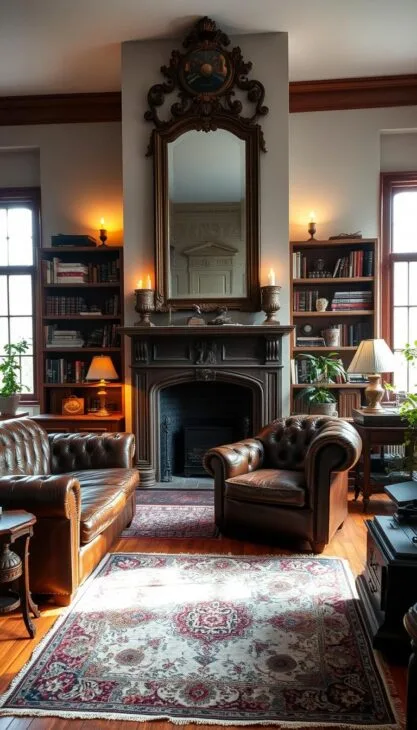 A cozy vintage living room with a worn leather chesterfield sofa, tufted armchair, and wooden side tables. A large ornate mirror hangs above a decorative fireplace, casting a warm glow. Bookshelves line the walls, filled with antique books and decorative objects. Soft lighting from a vintage floor lamp and candles creates a inviting, nostalgic atmosphere. The hardwood floors are covered in a distressed Persian rug. Potted plants and an old-fashioned record player add to the timeless, homey feel. Filtered natural light streams in through large windows, illuminating the space.