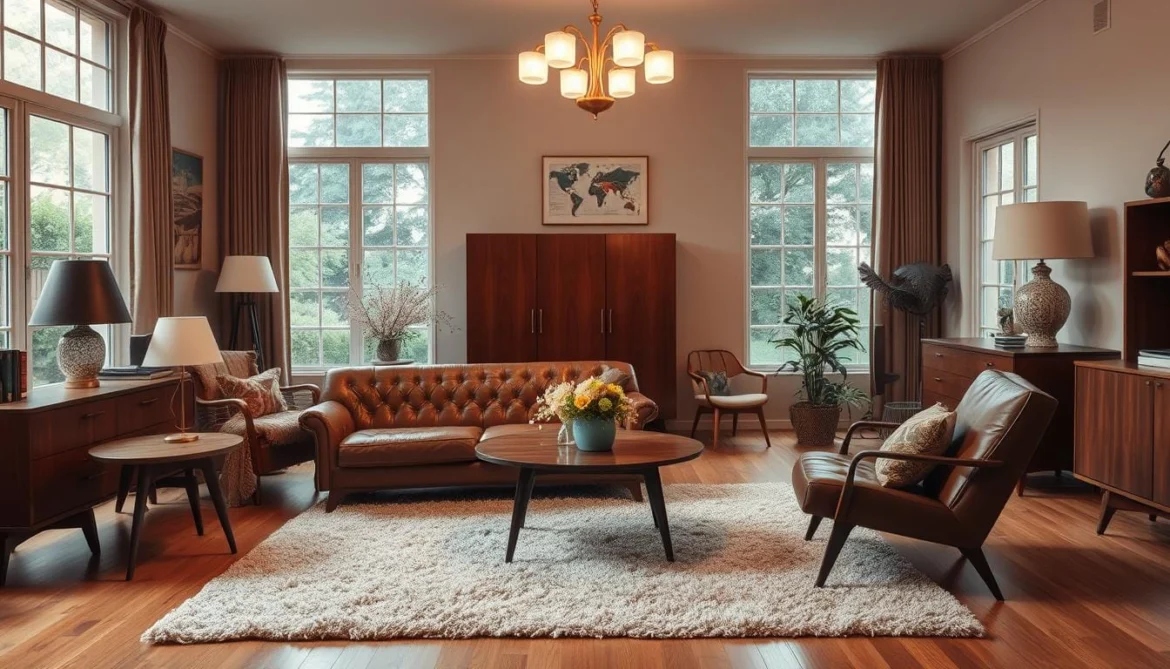 Ein gemütliches, lichtdurchflutetes Wohnzimmer aus der Mitte des Jahrhunderts, in dem eine Sammlung von Vintage-Möbeln präsentiert wird. Ein getuftetes Ledersofa und ein Sessel stehen auf einem plüschigen Zottelteppich, ergänzt durch eine schlichte Kredenz aus Nussbaumholz und Beistelltische mit spitz zulaufenden Beinen. Ein Messingkronleuchter wirft ein warmes Licht auf den Raum und unterstreicht seine Retro-Ästhetik. Durch die großen Fenster ist ein üppiger, grüner Garten zu sehen, der ein natürliches, ruhiges Element hinzufügt. Der Raum strahlt eine zeitlose, nostalgische Atmosphäre aus und lädt den Betrachter dazu ein, sich selbst beim Stöbern nach seinen eigenen zeitlosen Möbelschätzen vorzustellen.