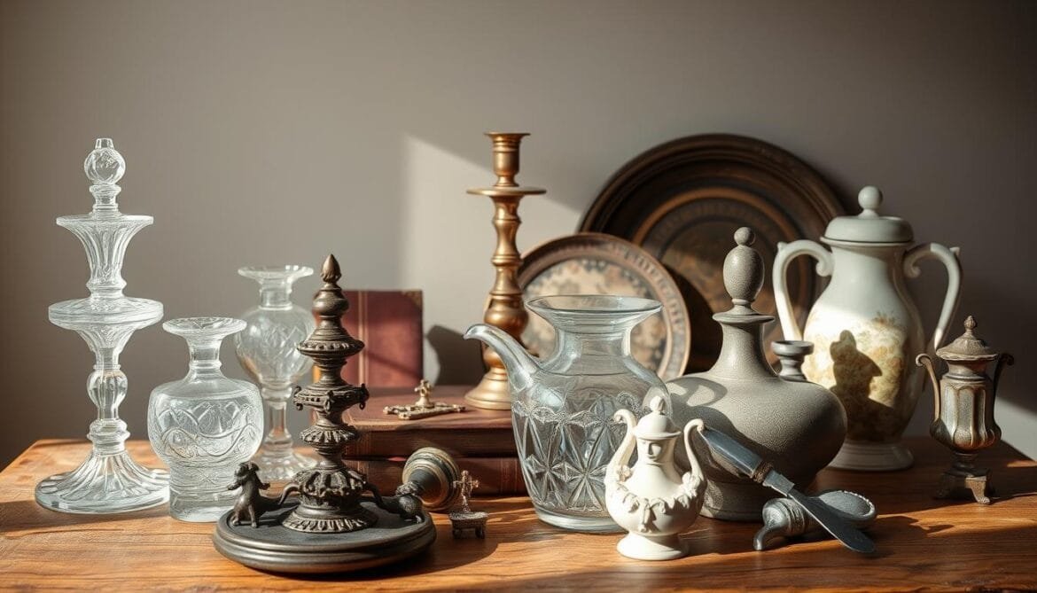 A cozy yet stylish scene featuring an arrangement of vintage accessories elegantly displayed on a rustic wooden table. Soft, natural lighting illuminates the scene, casting gentle shadows and highlights the textures of the antique items. In the foreground, a collection of ornate glassware, ceramic vases, and metal trinkets are positioned with care, creating a visually appealing and harmonious composition. The middle ground includes a vintage leather-bound book, a brass candlestick, and a weathered ceramic plate, adding depth and visual interest. The background features a muted, neutral-toned wall, allowing the vintage accessories to take center stage. The overall mood is one of timeless sophistication and a appreciation for the beauty of the past. Eine gemütliche und doch stilvolle Szene mit einem Arrangement von Vintage-Accessoires, die elegant auf einem rustikalen Holztisch präsentiert werden. Weiches, natürliches Licht beleuchtet die Szene, wirft sanfte Schatten und hebt die Texturen der antiken Gegenstände hervor. Im Vordergrund ist eine Sammlung von verschnörkelten Gläsern, Keramikvasen und Metallgegenständen sorgfältig platziert, wodurch eine optisch ansprechende und harmonische Komposition entsteht. Im Mittelgrund sorgen ein altes, in Leder gebundenes Buch, ein Kerzenständer aus Messing und ein verwitterter Keramikteller für Tiefe und visuelles Interesse. Der Hintergrund besteht aus einer gedämpften, neutral getönten Wand, so dass die Vintage-Accessoires in den Mittelpunkt rücken. Die Gesamtstimmung ist von zeitloser Raffinesse und einer Wertschätzung für die Schönheit der Vergangenheit geprägt.