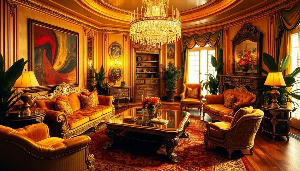 A lavish 1980s living room bathed in warm, golden lighting. Ornate gilded furniture adorns the space, from a plush velvet sofa to a massive, carved wood coffee table. The walls are adorned with bold, colorful abstract art and a gleaming crystal chandelier hangs overhead, casting a soft, ambient glow. Shimmering metallic accents, like a mirrored side table and brass candlesticks, add a touch of glamour. Large potted plants in the corners and lush, textured rugs on the hardwood floor give the room a lush, opulent feel. The whole scene exudes a sense of extravagance and decadence, reflecting the lavish aesthetic of 1980s interior design. Ein üppiges Wohnzimmer aus den 1980er Jahren, das in warmes, goldenes Licht getaucht ist. Verschnörkelte, vergoldete Möbel schmücken den Raum, von einem Plüschsofa aus Samt bis zu einem massiven, geschnitzten Couchtisch aus Holz. Die Wände sind mit kühner, farbenfroher abstrakter Kunst geschmückt, und über dem Kopf hängt ein glänzender Kristallkronleuchter, der ein sanftes, angenehmes Licht verbreitet. Metallisch schimmernde Akzente, wie ein verspiegelter Beistelltisch und Kerzenhalter aus Messing, verleihen dem Raum einen Hauch von Glamour. Große Topfpflanzen in den Ecken und üppige, strukturierte Teppiche auf dem Hartholzboden verleihen dem Raum ein üppiges, opulentes Gefühl. Die ganze Szene strahlt ein Gefühl von Extravaganz und Dekadenz aus und spiegelt die verschwenderische Ästhetik der Inneneinrichtung der 1980er Jahre wider.