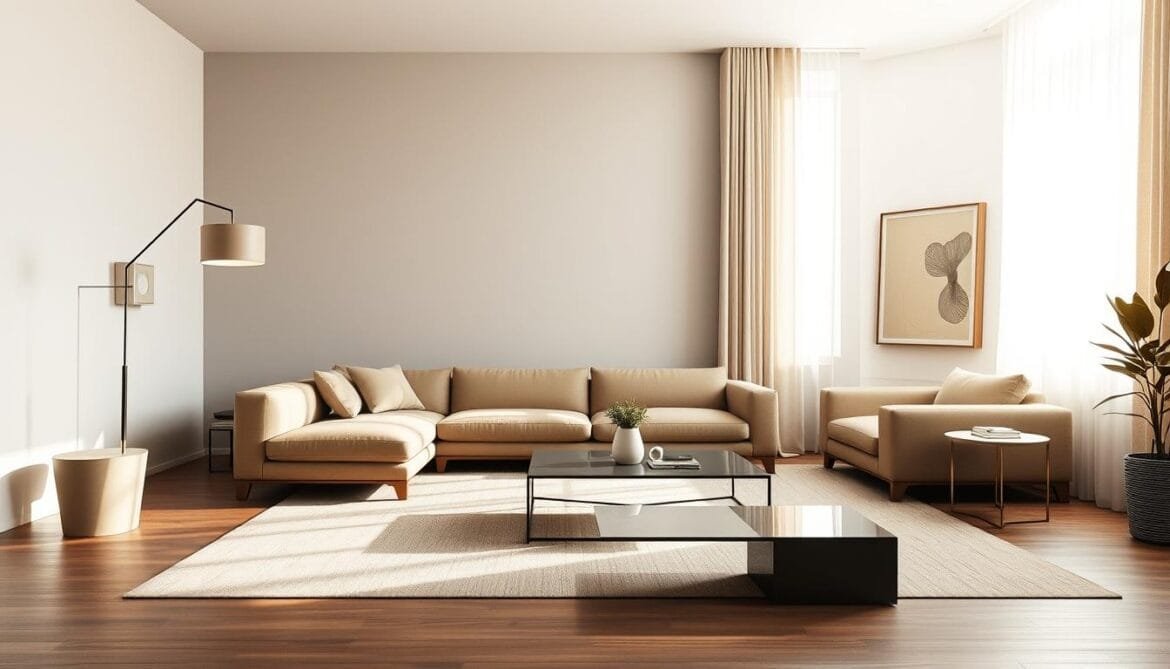 A minimalist living room in muted tones, bathed in soft, natural lighting filtering through sheer curtains. Sleek, low-profile furniture including a modular sofa, a streamlined coffee table, and a geometric side table. Highlights include a singular, statement-making floor lamp and a mounted, abstract artwork on the wall. The space exudes an aura of understated elegance and functionality, capturing the essence of 1990s interior design trends. Ein minimalistisches Wohnzimmer in gedeckten Tönen, das in weiches, natürliches Licht getaucht ist, das durch transparente Vorhänge fällt. Schlanke, flache Möbel, darunter ein modulares Sofa, ein schnittiger Couchtisch und ein geometrischer Beistelltisch. Zu den Highlights gehören eine einzigartige, auffällige Stehlampe und ein abstraktes Kunstwerk an der Wand. Der Raum strahlt eine Aura von schlichter Eleganz und Funktionalität aus und fängt die Essenz der Einrichtungstrends der 1990er Jahre ein.