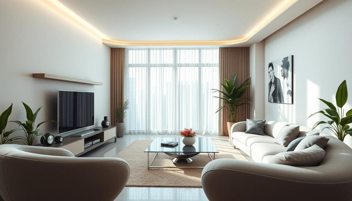 A modern, minimalist living room in the year 2000 bathed in soft natural light, with a sleek entertainment system and digital devices seamlessly integrated. Curved, sculptural furniture in muted tones creates a harmonious, globalized aesthetic. Accents of chrome, glass, and brushed metal reflect the era's technological advancements. Vibrant plants and natural textures balance the digital atmosphere. The overall mood is one of sophisticated, forward-thinking design, blending international influences into a cohesive, timeless space. Ein modernes, minimalistisches Wohnzimmer aus dem Jahr 2000, das in sanftes natürliches Licht getaucht ist und in dem ein elegantes Unterhaltungssystem und digitale Geräte nahtlos integriert sind. Geschwungene, skulpturale Möbel in gedeckten Tönen schaffen eine harmonische, globalisierte Ästhetik. Akzente aus Chrom, Glas und gebürstetem Metall spiegeln den technischen Fortschritt dieser Zeit wider. Lebendige Pflanzen und natürliche Texturen gleichen die digitale Atmosphäre aus. Die Gesamtstimmung ist von anspruchsvollem, zukunftsweisendem Design geprägt, das internationale Einflüsse zu einem kohärenten, zeitlosen Raum verschmilzt.