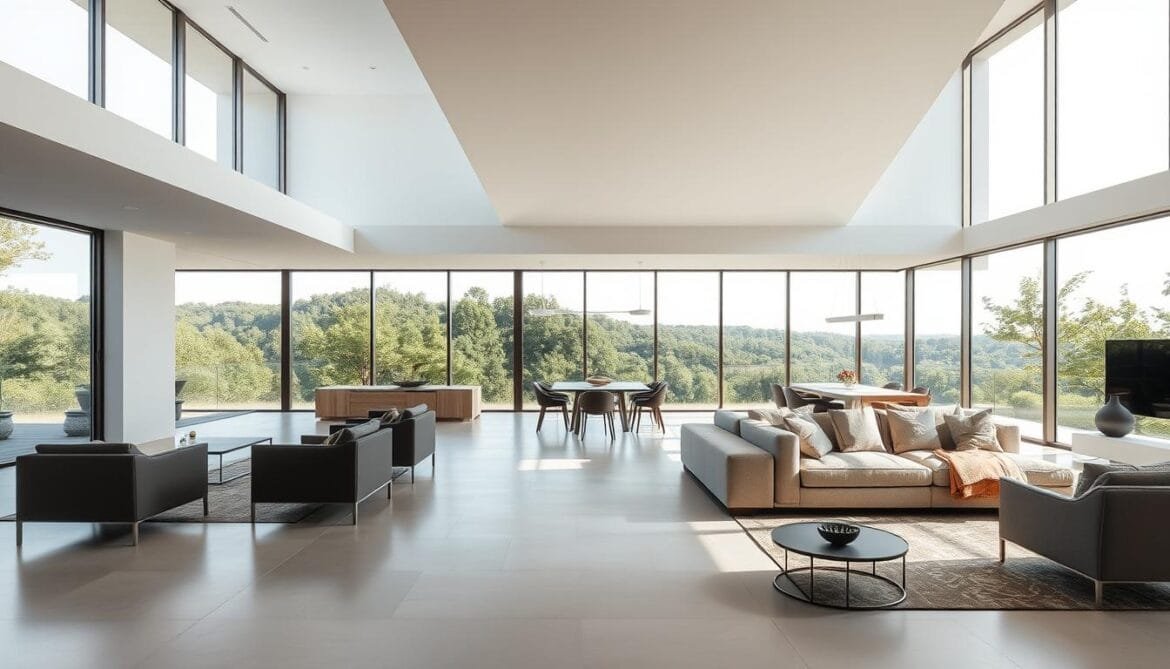 A modern, open-concept living space bathed in natural light. In the foreground, a sleek, minimalist sofa and chairs arranged in a conversational layout, inviting relaxation. The middle ground features a large, unobstructed floor plan, with a dining table and chairs seamlessly integrated. In the background, floor-to-ceiling windows offer panoramic views of a lush, verdant outdoor landscape. The overall atmosphere is one of airy spaciousness, where the boundaries between indoors and outdoors blur, creating a harmonious, contemporary living experience. Soft, diffused lighting from overhead fixtures and natural daylight imbue the scene with a warm, welcoming ambiance. Ein moderner, offener, lichtdurchfluteter Wohnbereich. Im Vordergrund stehen ein schlichtes, minimalistisches Sofa und Stühle, die in einer Gesprächsanordnung angeordnet sind und zum Entspannen einladen. Im Mittelgrund befindet sich ein großer, ungehinderter Grundriss, in den sich nahtlos ein Esstisch mit Stühlen einfügt. Im Hintergrund bieten raumhohe Fenster einen Panoramablick auf eine üppige, grüne Landschaft. Die Gesamtatmosphäre ist von einer luftigen Geräumigkeit geprägt, in der die Grenzen zwischen Innen und Außen verschwimmen und ein harmonisches, modernes Wohnerlebnis entsteht. Weiches, diffuses Licht von Deckenleuchten und natürliches Tageslicht verleihen der Szene ein warmes, einladendes Ambiente.
