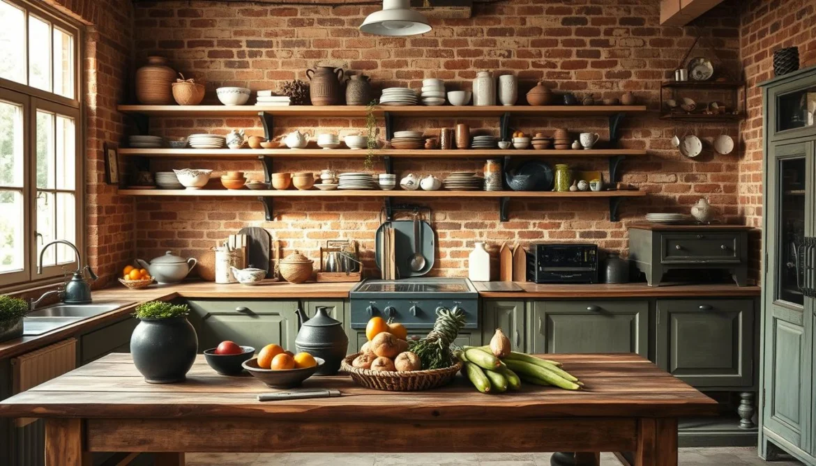 Eine Küche im Shabby-Chic mit offenen Regalen und warmem, natürlichem Licht, das durch große Fenster einfällt. Im Vordergrund steht ein rustikaler Holztisch mit einer Mischung aus altem Küchengeschirr und frischen Produkten. Im Mittelgrund sind die offenen Regale zu sehen, die mit einer ausgewählten Auswahl an Keramikschalen, Gläsern und antiken Büchern geschmückt sind. Im Hintergrund sind freiliegende Ziegelwände und ein abgenutzter Fliesenboden zu sehen, die eine gemütliche, wohnliche Atmosphäre schaffen. Weiches, diffuses Licht wirft einen sanften Schein, der die verwitterten Strukturen und die gedämpfte Farbpalette hervorhebt. Die gesamte Szene strahlt einen zeitlosen Charme und mühelose Eleganz aus.