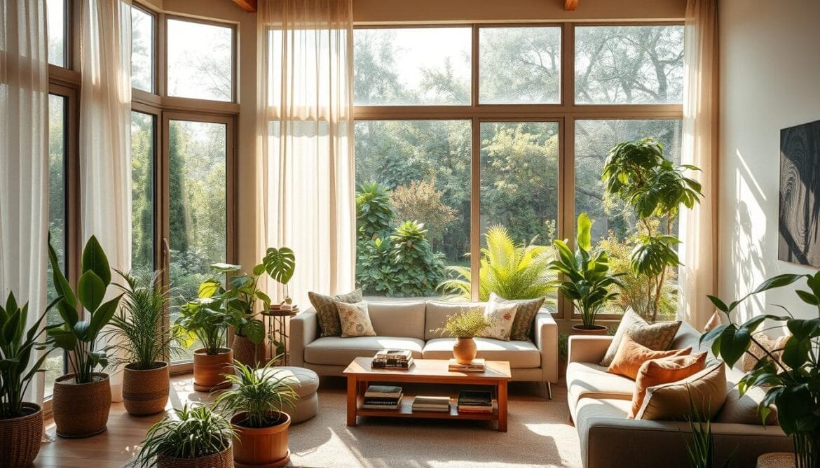 A sun-drenched living room with large windows overlooking a lush, eco-friendly garden. Vibrant plants and natural materials like wood and stone create a cozy, sustainable atmosphere. Repurposed furniture, energy-efficient lighting, and minimal modern decor reflect a commitment to green living. Soft, diffused sunlight filters through sheer curtains, casting a warm glow on the scene. The room exudes a sense of harmony between indoor and outdoor spaces, promoting a balanced, environmentally conscious lifestyle. Ein sonnendurchflutetes Wohnzimmer mit großen Fenstern und Blick auf einen üppigen, umweltfreundlichen Garten. Lebendige Pflanzen und natürliche Materialien wie Holz und Stein schaffen eine gemütliche, nachhaltige Atmosphäre. Wiederverwendete Möbel, energieeffiziente Beleuchtung und eine minimalistische, moderne Einrichtung spiegeln das Engagement für ein grünes Leben wider. Weiches, diffuses Sonnenlicht dringt durch die transparenten Vorhänge und verleiht der Szene einen warmen Glanz. Der Raum strahlt ein Gefühl der Harmonie zwischen Innen- und Außenbereich aus und fördert einen ausgewogenen, umweltbewussten Lebensstil.