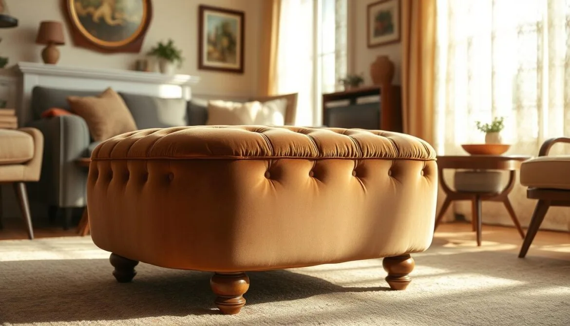Ein eleganter, getufteter Pouf im Vintage-Stil ist der Mittelpunkt eines gemütlichen, sonnendurchfluteten Wohnzimmers. Die plüschige, getuftete Samtpolsterung in einem satten, gedeckten Farbton glänzt mit einem weichen, samtigen Schimmer. Detaillierte, gedrechselte Holzbeine in einem warmen, gealterten Finish sorgen für einen stabilen Halt. Die großzügige Größe und die einladende, abgerundete Form des Poufs laden zum Entspannen ein und ergänzen die moderne Einrichtung des Zimmers. Weiches, natürliches Licht fällt durch die mit Spitzen gemusterten Vorhänge und lässt die Szene in einem nostalgischen, goldenen Licht erstrahlen. Die Gesamtatmosphäre vermittelt ein Gefühl von zeitloser Raffinesse und Vintage-Charme.