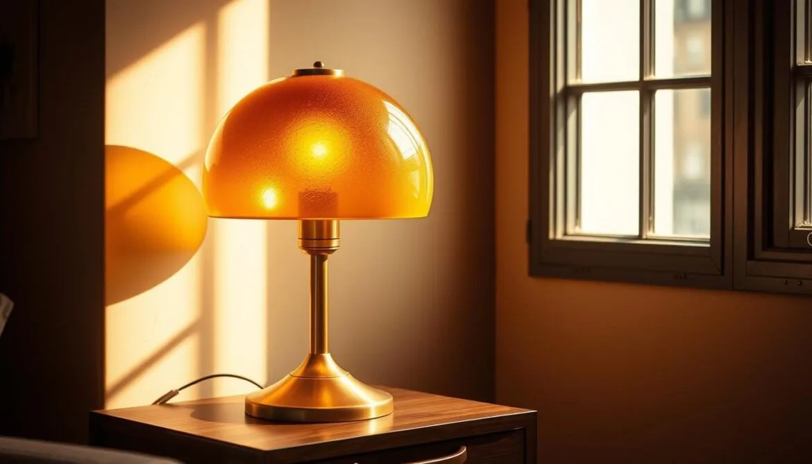 Eine Vintage-Tischleuchte im Retrostil mit einer charakteristischen Silhouette aus der Mitte des Jahrhunderts. Die Lampe verfügt über einen runden, kuppelförmigen Schirm aus warmem, bernsteinfarbenem Glas, der ein weiches, diffuses Licht abgibt. Der Metallsockel ist in einem eleganten, gebürsteten Messing- oder Kupferton gehalten und weist klare, geometrische Linien auf, die an die Ästhetik der 1950er und 60er Jahre erinnern. Die Lampe steht auf einem minimalistischen hölzernen Beistelltisch, der ein gemütliches, einladendes Ambiente in den schwach beleuchteten Raum zaubert. Warmes, natürliches Licht von einem nahe gelegenen Fenster erzeugt subtile Glanzlichter und Schatten auf den Oberflächen, die die taktile, handwerkliche Qualität des retro-inspirierten Designs hervorheben.