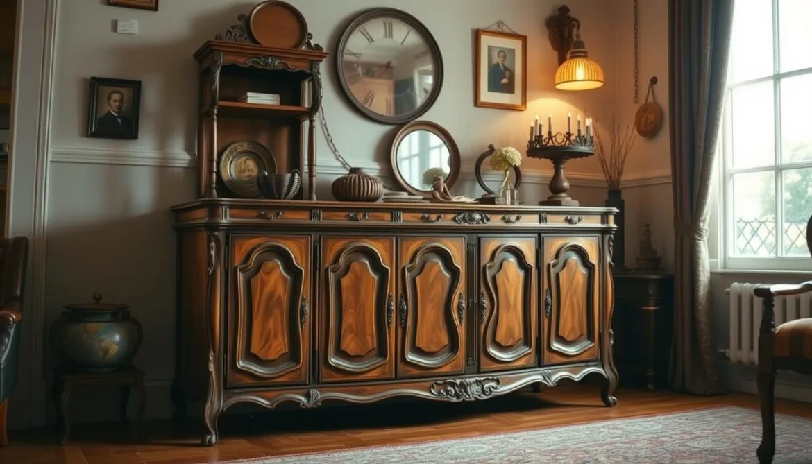 Ein Vintage-Sideboard mit zeitlosem Design, aufwändig geschnitzten Details und einer reichen, gealterten Holzoberfläche. Das Stück steht elegant in einem gemütlichen, gut beleuchteten Raum, ergänzt durch eine weiche, warme Beleuchtung, die einen sanften Schein abgibt. Die eleganten Linien und die klassische Silhouette des Sideboards erwecken einen Hauch von Nostalgie, während der funktionale Stauraum und die Ablageflächen es zu einer praktischen und stilvollen Ergänzung für jedes retro-inspirierte Zuhause machen. Die Szene strahlt eine charmante, lebendige Atmosphäre aus und fängt die Essenz einer gepflegten Vintage-Einrichtung ein.
