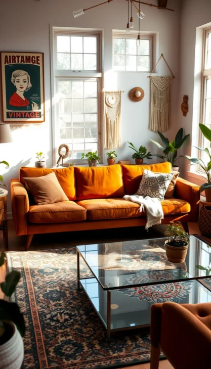 A warm, cozy living room with a harmonious blend of vintage and modern elements. The focal point is a midcentury-style sofa in a rich, earthy tone, accented by plush throw pillows and a vintage-inspired rug. Alongside, a sleek, minimalist coffee table with a glass top reflects the natural light streaming through large windows. Vintage-inspired wall decor, such as a framed retro poster and a macrame wall hanging, create an eclectic ambiance. The room is bathed in a soft, diffused lighting, creating a welcoming and inviting atmosphere. Potted plants and natural wood accents throughout add a touch of organic elegance, seamlessly blending the old and the new.