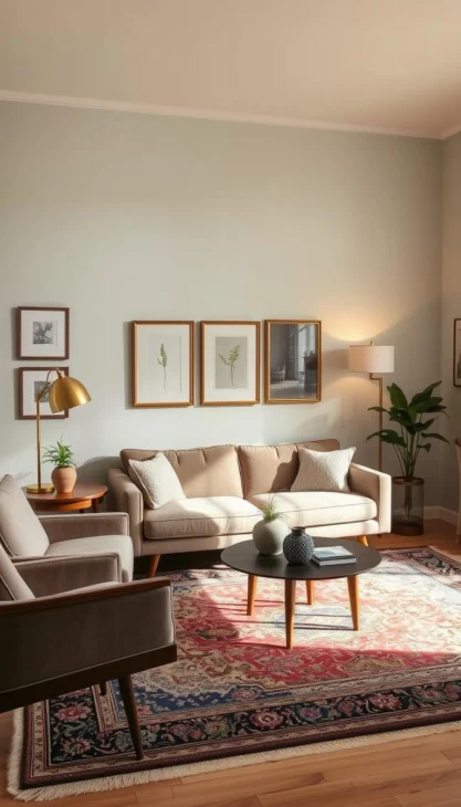 Elegant vintage living room with a harmonious blend of mid-century modern furniture and soothing pastel-colored walls. A plush velvet sofa and armchair in muted tones sit atop a vintage Persian-style rug. Wooden side tables and a sleek coffee table complete the cozy seating area. Warm lighting from a brass floor lamp casts a soft glow, highlighting the intricate patterns on the wall. Framed artworks and a potted plant add touches of organic nature. The overall mood is one of sophisticated comfort and timeless style. Elegant vintage living room with a harmonious blend of mid-century modern furniture and soothing pastel-colored walls. A plush velvet sofa and armchair in muted tones sit atop a vintage Persian-style rug. Wooden side tables and a sleek coffee table complete the cozy seating area. Warm lighting from a brass floor lamp casts a soft glow, highlighting the intricate patterns on the wall. Framed artworks and a potted plant add touches of organic nature. The overall mood is one of sophisticated comfort and timeless style.