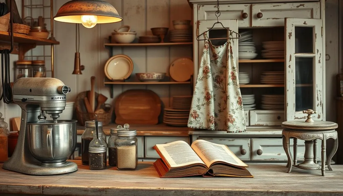 Küchengeräte im Shabby Chic Stil: Eine rustikale, vintage-inspirierte Küche mit einer Auswahl verwitterter, veralteter Geräte und Utensilien. Im Vordergrund stehen ein altmodischer Mixer, ein abgenutzter Wasserkocher und eine Sammlung antiker Gewürzdosen auf einer abgenutzten Holzarbeitsplatte. Im Mittelgrund hängt eine verblichene Schürze mit Blumenmuster an einem leicht verrosteten Metallgestell, während ein altes Kochbuch auf einem schäbigen Beistelltisch liegt. Der Hintergrund zeigt eine Reihe schäbig-schicker Schränke, deren Farbe abgeplatzt und verblasst ist und in denen eine Sammlung nicht zusammenpassender Teller und Schüsseln im Vintage-Stil steht. Die weiche, warme Beleuchtung einer rustikalen Hängeleuchte wirft ein gemütliches, einladendes Licht auf die Szene und vermittelt ein Gefühl von Nostalgie und Charme.