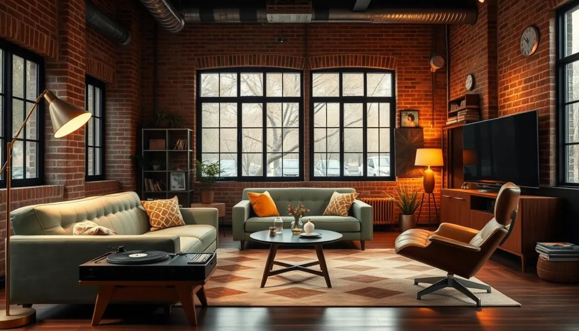 Retro-Wohnzimmer mit modernen Möbeln aus der Mitte des Jahrhunderts, geometrischen Mustern und warmer Beleuchtung. Ein elegantes, getuftetes Sofa in Salbeigrün bildet den Mittelpunkt des Raums, gepaart mit einem klassischen, von den Eames inspirierten Lounge-Sessel. Ein alter Plattenspieler und ein Stapel LPs in der Ecke tragen zum Retro-Ambiente bei. Freigelegte Ziegelwände und große Fenster sorgen für einen industriell anmutenden Kontrast. Die sanfte, stimmungsvolle Beleuchtung durch eine Bogenlampe aus Messing und Tischlampen schafft eine gemütliche, einladende Atmosphäre. Senfgelbe und terrakottafarbene Akzente verbinden die modernen und Vintage-Elemente harmonisch miteinander. Das Gesamtbild ist eine durchdachte Mischung aus verschiedenen Epochen und zelebriert die Schönheit von Alt und Neu in perfekter Harmonie.