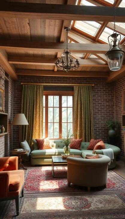 Vintage Farben und Materialien: A cozy, sun-dappled room featuring muted earth tones and natural textures. Weathered wood beams span the ceiling, complemented by plush velvet upholstery in rich hues of sage and terracotta. Antique brass accents glimmer against the backdrop of exposed brick walls, their time-worn surfaces adding depth and character. Ornate floor-to-ceiling curtains in a damask pattern frame a large window, allowing soft, diffused light to flood the space. Vintage-inspired lighting fixtures cast a warm, inviting glow, while a tactile area rug in a classic Persian design anchors the cozy seating arrangement. The overall atmosphere evokes a sense of timeless elegance and lived-in comfort. Vintage Farben und Materialien: A cozy, sun-dappled room featuring muted earth tones and natural textures. Weathered wood beams span the ceiling, complemented by plush velvet upholstery in rich hues of sage and terracotta. Antique brass accents glimmer against the backdrop of exposed brick walls, their time-worn surfaces adding depth and character. Ornate floor-to-ceiling curtains in a damask pattern frame a large window, allowing soft, diffused light to flood the space. Vintage-inspired lighting fixtures cast a warm, inviting glow, while a tactile area rug in a classic Persian design anchors the cozy seating arrangement. The overall atmosphere evokes a sense of timeless elegance and lived-in comfort.