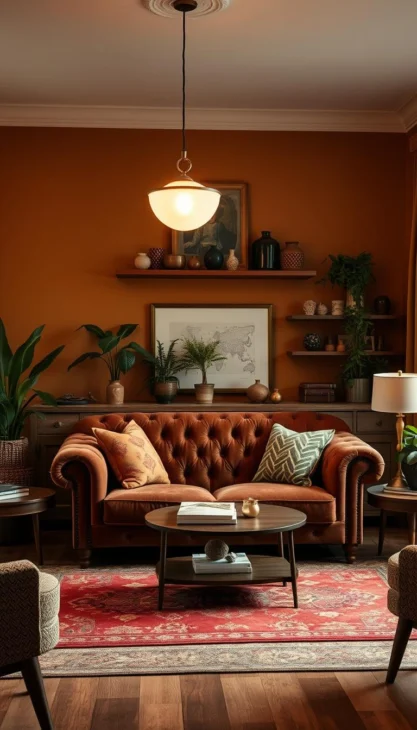 Warm, inviting living room in a cozy, vintage-inspired setting. Soft, muted earth tones like deep ochre, terracotta, and olive green dominate the color palette, accented by subtle gold and brass accents. A plush, tufted chesterfield sofa in a luxurious velvet fabric takes center stage, flanked by mid-century modern side tables and a vintage-style area rug. Indirect lighting from a hanging pendant fixture casts a warm, glowing ambiance throughout the space. Decorative elements like potted plants, antique vases, and rustic wooden shelves add depth and texture, creating an enveloping, cozy atmosphere. Warmes, einladendes Wohnzimmer in einer gemütlichen, vom Vintage-Stil inspirierten Umgebung. Weiche, gedämpfte Erdtöne wie tiefes Ocker, Terrakotta und Olivgrün dominieren die Farbpalette, die von dezenten Gold- und Messingakzenten akzentuiert wird. Ein plüschiges, getuftetes Chesterfield-Sofa aus luxuriösem Samtstoff steht im Mittelpunkt, flankiert von modernen Beistelltischen aus der Mitte des Jahrhunderts und einem Vorleger im Vintage-Stil. Die indirekte Beleuchtung durch eine hängende Pendelleuchte sorgt für ein warmes, leuchtendes Ambiente im ganzen Raum. Dekorative Elemente wie Topfpflanzen, antike Vasen und rustikale Holzregale verleihen dem Raum Tiefe und Struktur und schaffen eine einhüllende, gemütliche Atmosphäre.