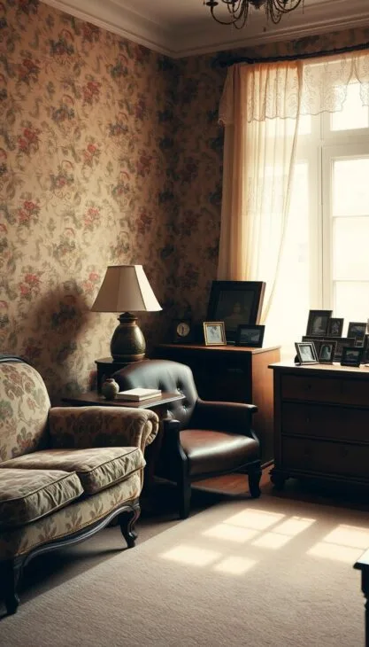 Warm, muted tones fill a cozy living room, bathed in soft, natural lighting. Vintage floral wallpaper adorns the walls, complemented by plush, patterned upholstery on a mid-century styled sofa. An ornate, wooden side table stands beside a worn, leather armchair, topped with a retro-inspired table lamp. In the corner, a wooden chest of drawers displays an array of antique trinkets and frames. Sheer, lace curtains frame the windows, casting a gentle glow throughout the space. The overall atmosphere evokes a sense of timeless elegance and nostalgic charm.
