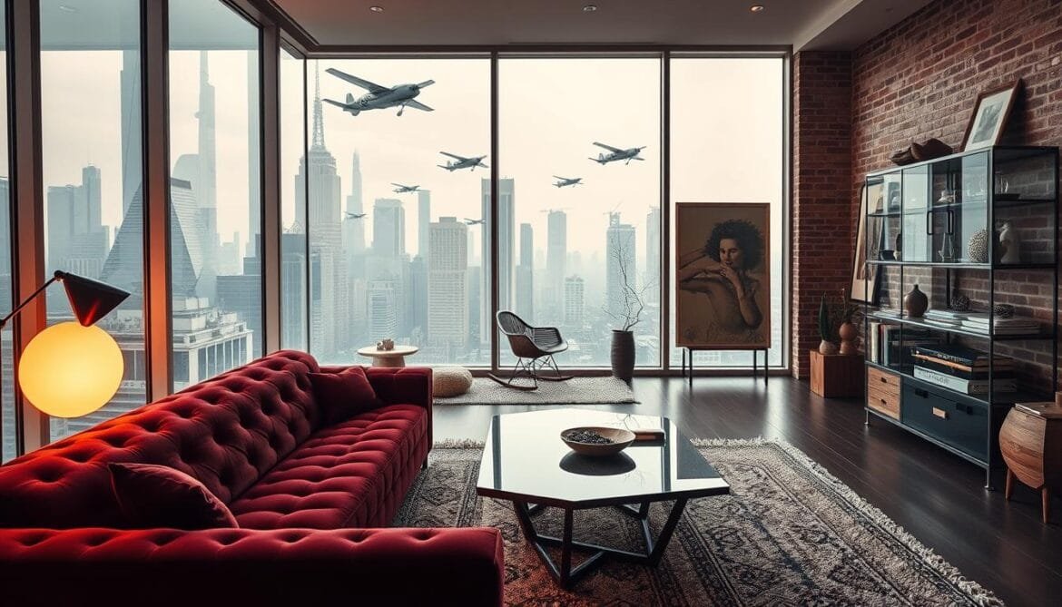 Wohnkultur Trends: A Retro-Futuristic Collage An interior design landscape that spans the decades, from mid-century modern to contemporary minimalism. In the foreground, a sleek, angular coffee table and a plush, tufted sofa in rich, jewel-toned velvet. Framed by large windows, a view of the cityscape beyond, with skyscrapers and flying cars in the distance. Warm, diffused lighting creates a cozy, nostalgic atmosphere, while subtle chrome accents and geometric patterns hint at the futuristic. In the middle ground, a mix of vintage and modern decor elements - a classic shag rug, a retro rocking chair, and a floating glass shelving unit displaying eclectic knickknacks. The background is a harmonious blend of textures and tones, from the exposed brick wall to the patterned wallpaper. An ever-evolving, visually captivating Wohnkultur that transcends time. Wohnkultur Trends: Eine retro-futuristische Collage Eine Einrichtungslandschaft, die die Jahrzehnte umspannt, von der Mitte des Jahrhunderts bis zum zeitgenössischen Minimalismus. Im Vordergrund ein schlichter, kantiger Couchtisch und ein plüschiges, getuftetes Sofa aus reichem, juwelenfarbenem Samt. Umrahmt von großen Fenstern bietet sich ein Blick auf die Stadtlandschaft mit ihren Wolkenkratzern und fliegenden Autos in der Ferne. Die warme, diffuse Beleuchtung schafft eine gemütliche, nostalgische Atmosphäre, während subtile Chromakzente und geometrische Muster auf das Futuristische hinweisen. Im Mittelgrund eine Mischung aus Vintage- und modernen Dekorelementen - ein klassischer Zottelteppich, ein Retro-Schaukelstuhl und ein schwebendes Glasregal mit eklektischem Nippes. Der Hintergrund ist eine harmonische Mischung aus Texturen und Farbtönen, von der freigelegten Ziegelwand bis zur gemusterten Tapete. Eine sich ständig weiterentwickelnde, visuell fesselnde Wohnkultur, die die Zeit überdauert.
