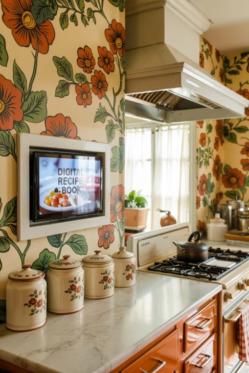 Vintage-Küchen Ideen: Blumige 60er-Jahre-Tapete mit Digitalen-Kochbuch-Display auf der Wand.