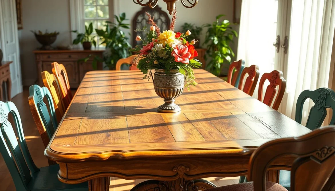 Ein geräumiger Esstisch im Vintage-Stil steht in einem sonnendurchfluteten Raum. Sein verschnörkelter Holzrahmen und seine abgenutzte Oberfläche strahlen rustikalen Charme aus. Glänzende Messingbeschläge und kunstvoll geschnitzte Details sorgen für einen Hauch von Eleganz aus der alten Welt. Um den Tisch herum versammeln sich zusammengewürfelte Vintage-Stühle in verschiedenen Petrol-, Burgunder- und Honigtönen, die eine gemütliche, wohnliche Atmosphäre schaffen. Üppige Topfpflanzen und eine dekorative antike Vase mit einem Strauß frischer Blumen schmücken die Tischplatte und ergänzen die warmen, erdigen Töne. Sanftes natürliches Licht fällt durch die durchsichtigen Vorhänge und wirft einen sanften Schein auf die Szene, der die verwitterte Patina des Tisches hervorhebt. Der Gesamteindruck ist von zeitlosem Komfort und müheloser Raffinesse und fängt die Essenz eines vintage-inspirierten Essbereichs perfekt ein.