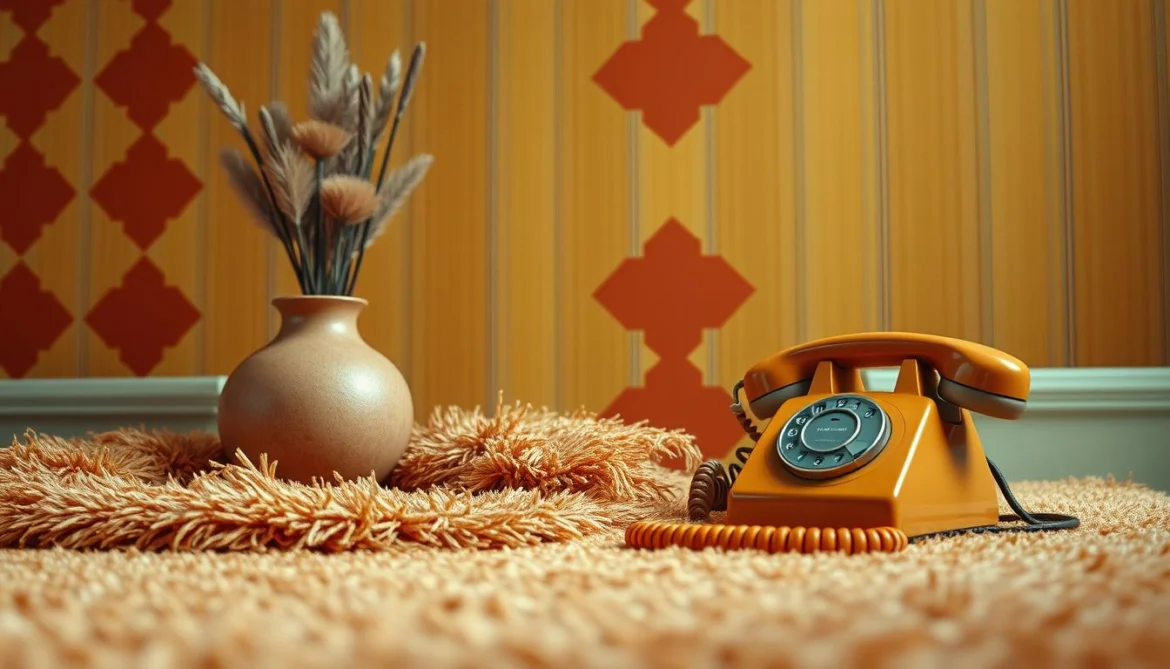 Nahaufnahme eines Retro-Telefons in Orange auf einem flauschigen Hochflorteppich. Im Hintergrund eine Vintage-Tapete mit geometrischem Muster in warmen Tönen.